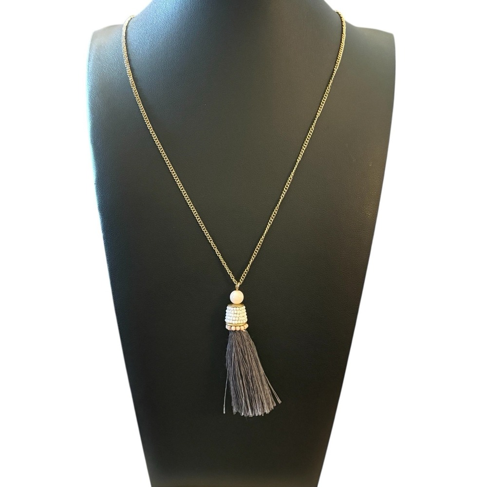J. Crew Gray Tassel Pendant Necklace Adjustable Gold Tone Chain White Pink Beads